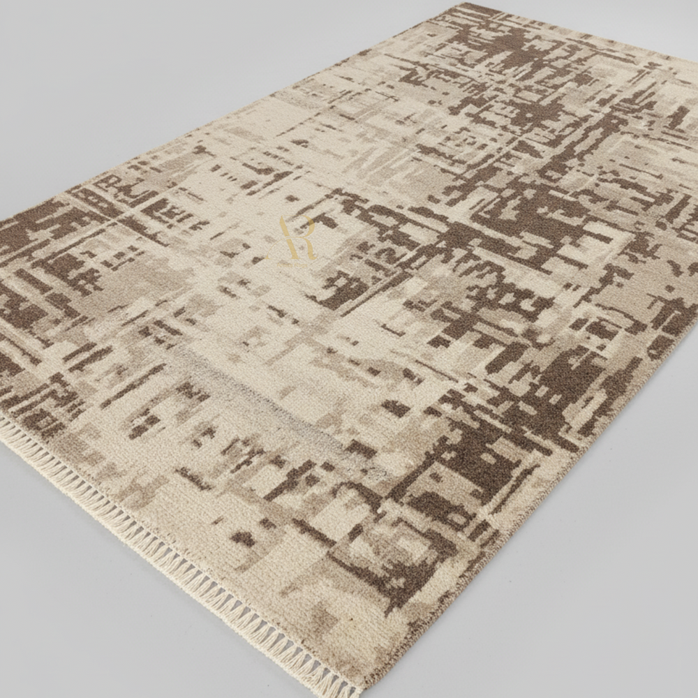Beige and brown patterned rug on a plain background