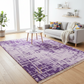 Living room with a purple patterned rug, gray sofa, and plants.