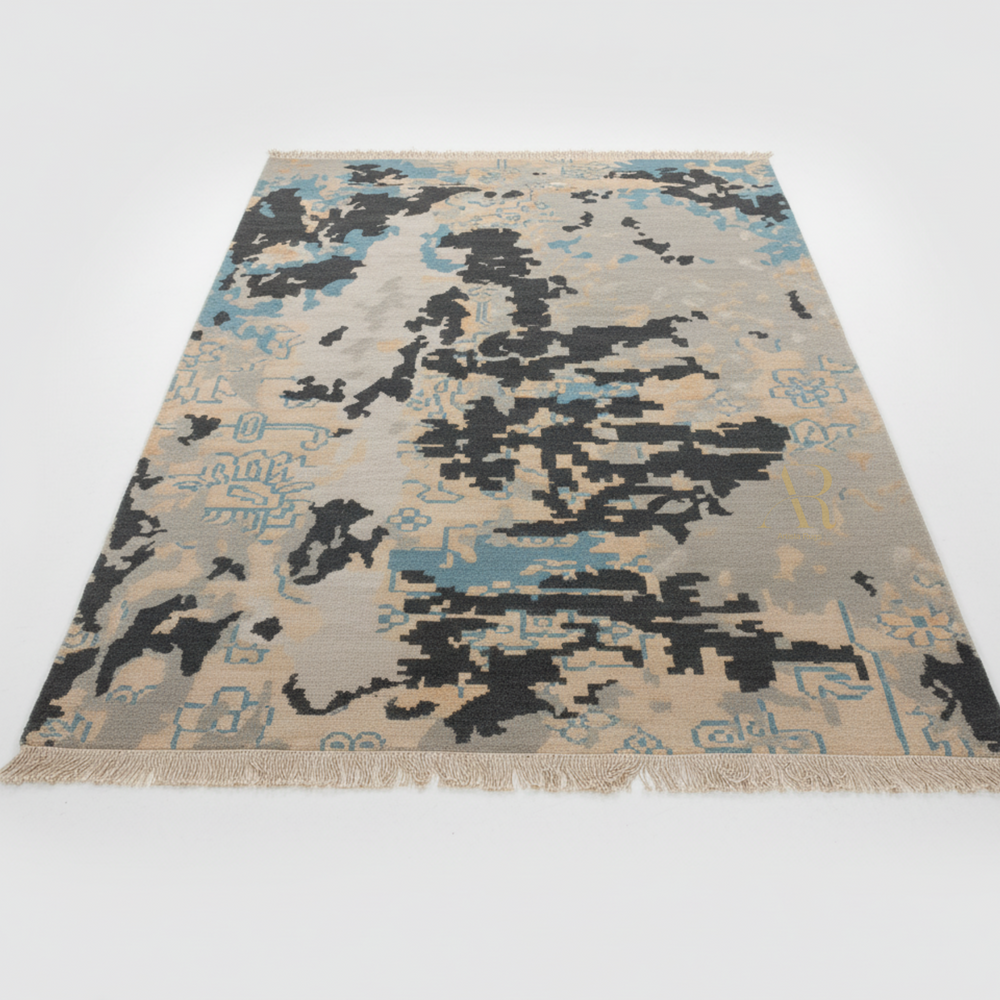 Patterned rug with black, blue, and beige colors on a white background