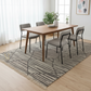 Dining room with wooden table and chairs on a patterned rug