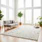 Modern living room with a gray sofa, white rug, and large windows.