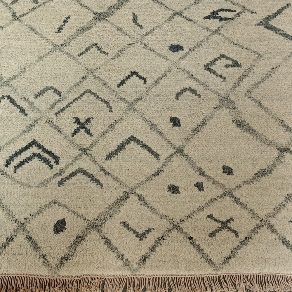 Close-up of a textured rug with geometric pattern