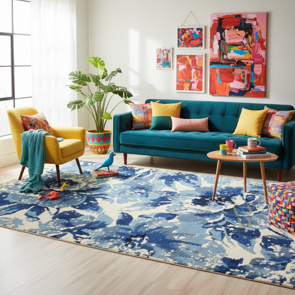 Modern living room with a blue sofa, yellow armchair, and colorful rug.