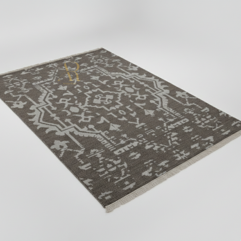 Patterned rug on a light gray background