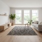 Modern living room with a gray rug, sofa, and large windows.