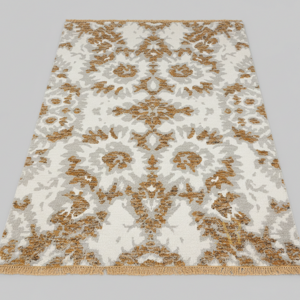 Patterned rug with brown and beige design on a gray background