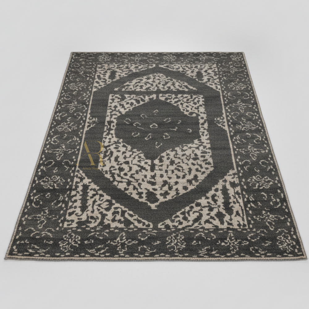 Decorative rug with central geometric design on a plain background