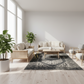 Modern living room with white sofas, wooden coffee table, and decorative rug.