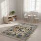 Decorative rug with floral patterns in a room with furniture and plants.