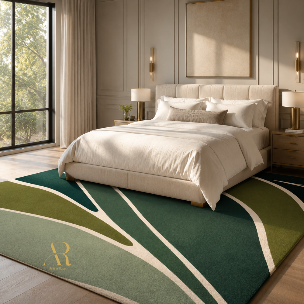 A modern living room featuring a large area rug with abstract wavy stripes in green, teal, and cream. The room is styled with a curved cream sofa, two olive green armchairs, a marble coffee table, and elegant wall decor.