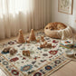 Children's toys and a dog in a cozy room with a patterned rug.