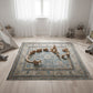 Children's room with a patterned rug, toys, and soft lighting.