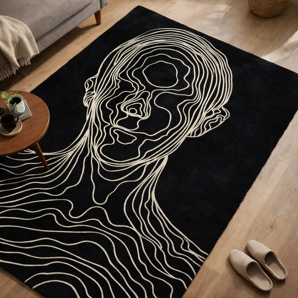 Black rug with white line art of a face in a living room setting