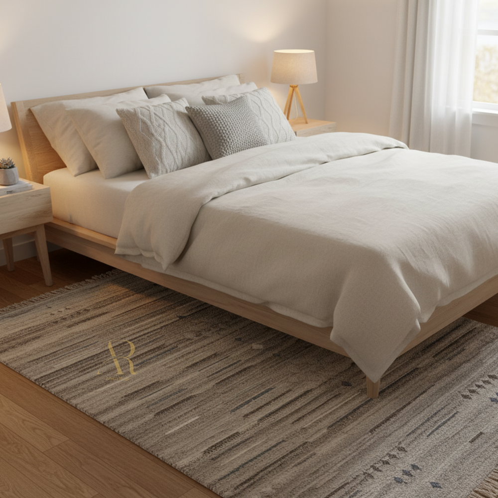 Neatly made bed with beige bedding in a bedroom setting.