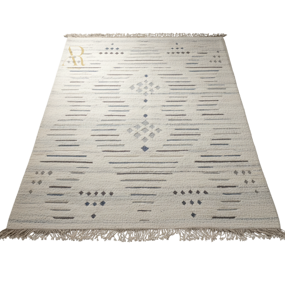 Beige rug with geometric pattern and tassels on a white background