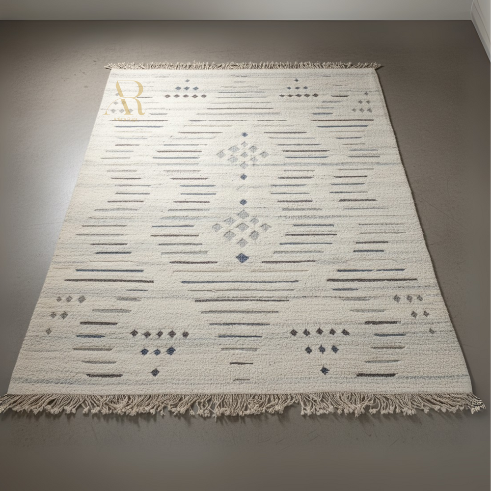 Patterned rug on a plain floor with a visible brand logo.