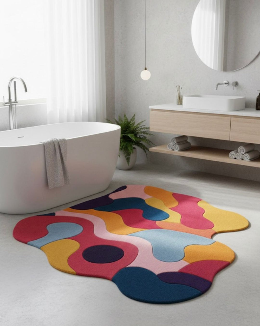 Colorful abstract rug in a modern bathroom with a bathtub and sink.