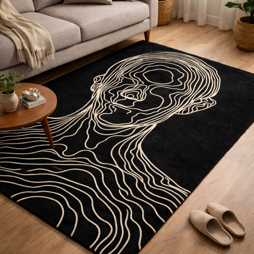 Black rug with white line art of a face in a living room setting