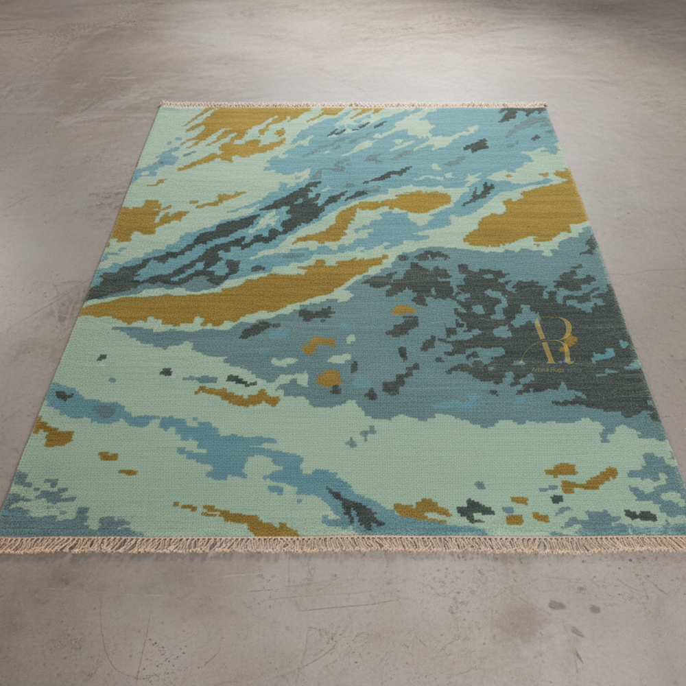 Camouflage-patterned rug on a concrete floor