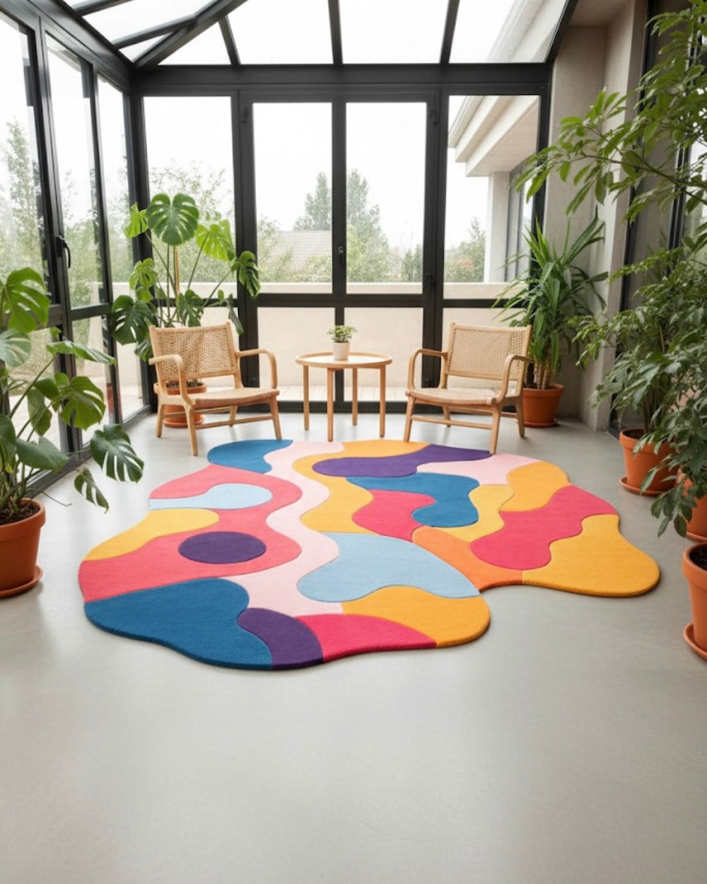 Colorful abstract rug on a light gray floor with a modern room in the background
