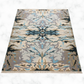 Patterned rug with blue, beige, and gray colors on a white background