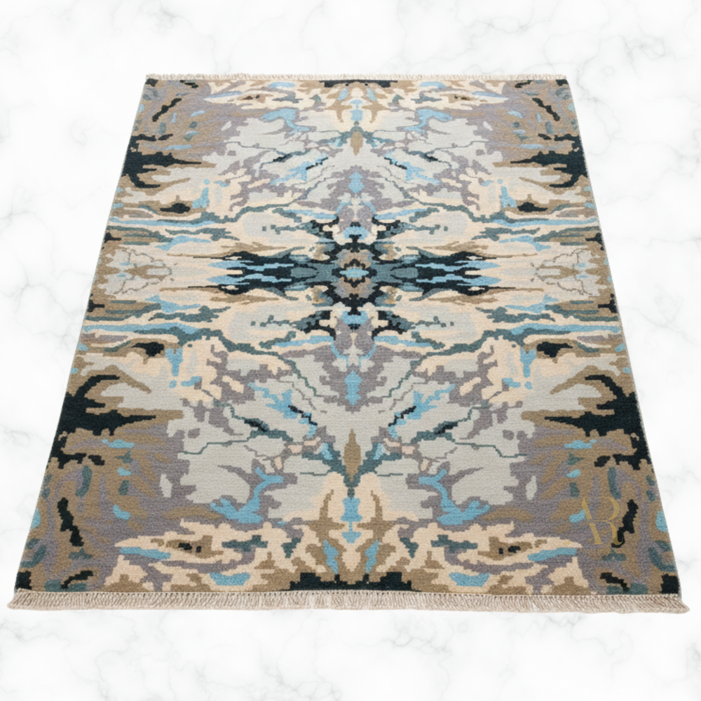 Patterned rug with blue, beige, and gray colors on a white background