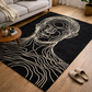 Black rug with white line art of a face in a living room setting