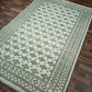 Green patterned rug on a wooden floor
