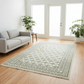 Living room with a gray sofa and patterned rug on wooden floor.