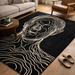 Black rug with white line art of a face in a living room setting