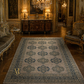 Luxurious room with ornate furniture, chandelier, and large patterned rug.