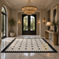A large rectangular area rug with a black and white geometric pattern and a yellow monogram, displayed in a luxurious, symmetrical entryway with marble floors and a chandelier.