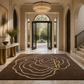 A large brown area rug with a white floral pattern and a gold monogram 'R' is displayed in a luxurious, high-ceilinged entryway with marble floors, a crystal chandelier, and arched doorways leading to a garden.