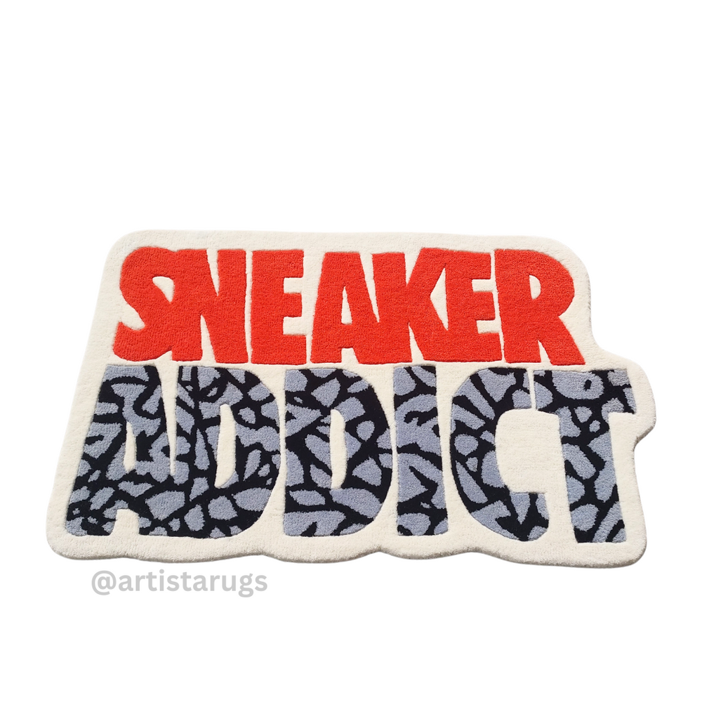 Image of a rug with sneaker addict in white background