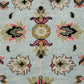 Close-up of a patterned fabric with floral designs on a light blue background