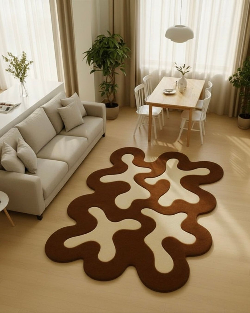 Modern living room with a unique brown and white rug, sofa, and dining table.