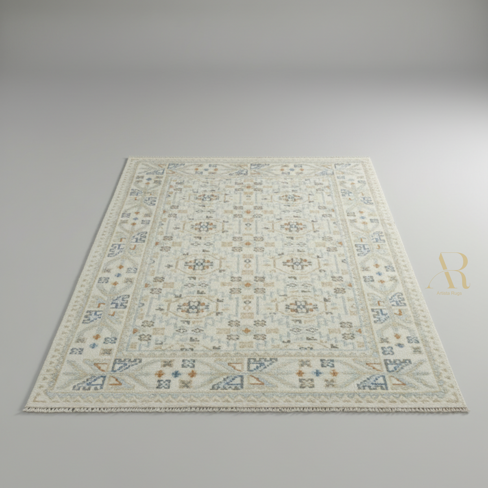 Decorative rug with geometric pattern on a plain background