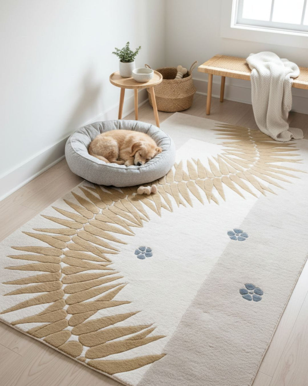 Dog resting on a cushion next to a decorative rug with leaf patterns in a room.
