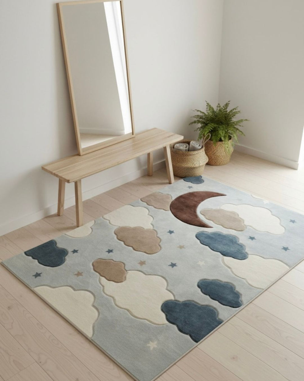 Children's room with a rug featuring cloud and moon designs, a wooden bench, and a mirror.