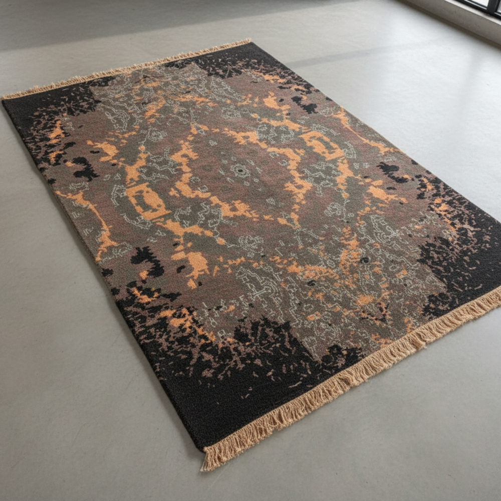 Decorative rug with intricate pattern on a plain floor