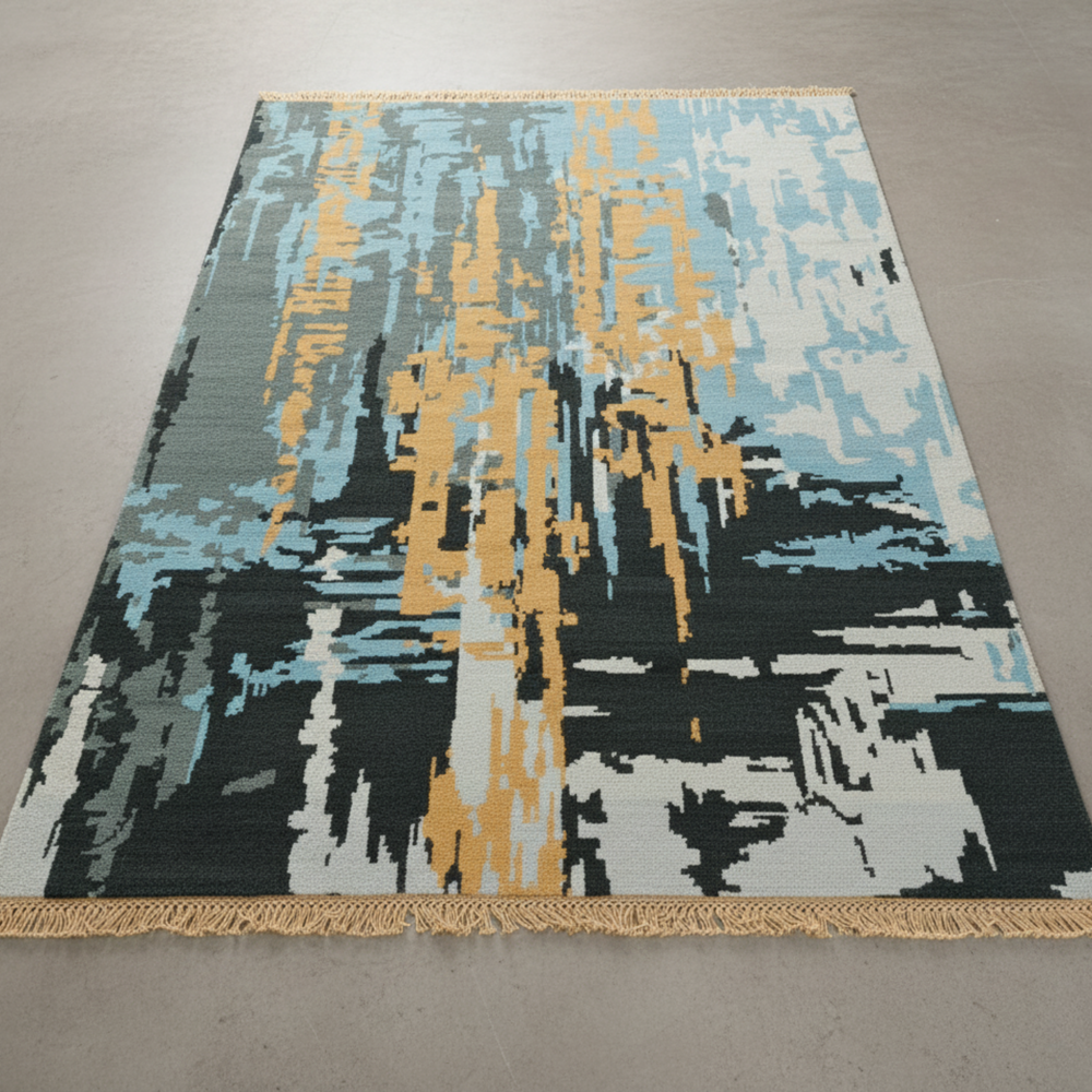 Abstract patterned rug with blue, yellow, and black colors on a plain background
