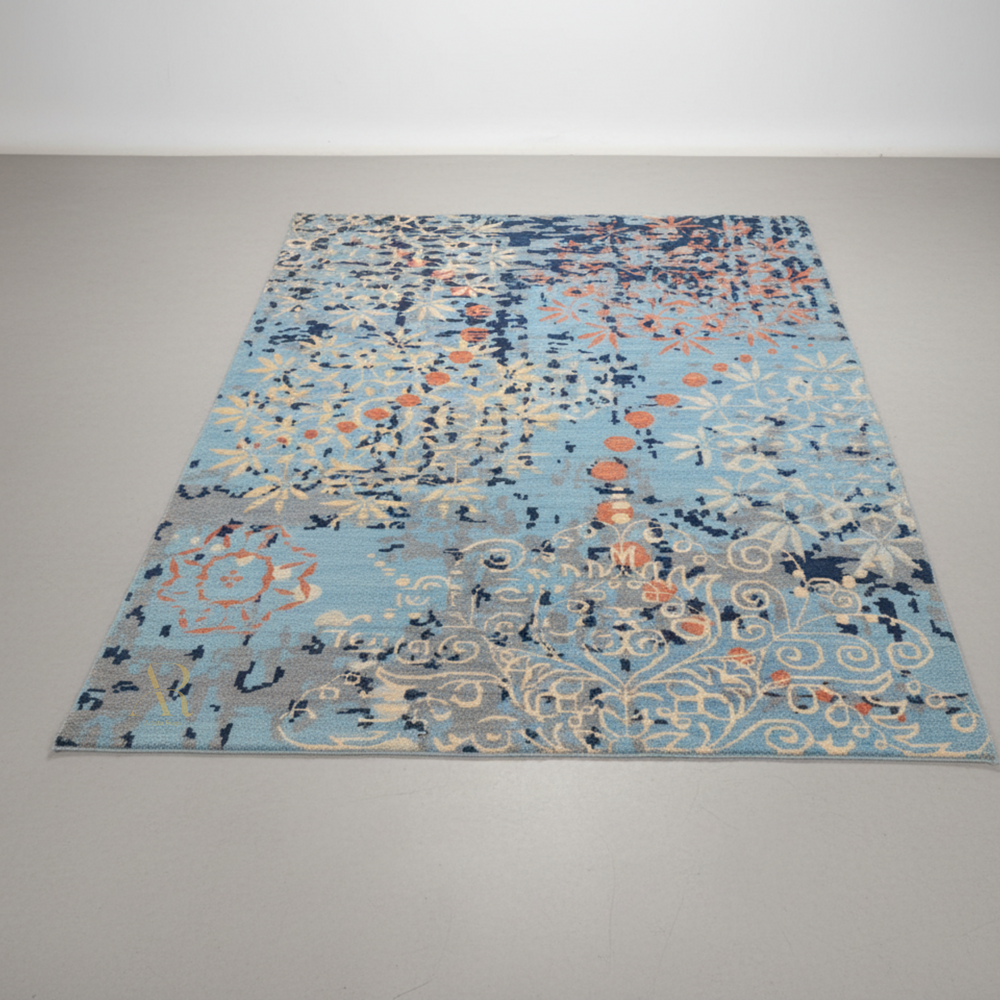 Decorative rug with a blue and multicolor pattern on a plain background
