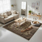 Living room with a patterned rug, beige sofa, wooden coffee table, and a dog in a pet bed.