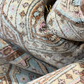 Close-up of a patterned fabric with intricate designs and soft colors.