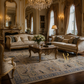 Luxurious living room with ornate furniture, chandelier, and large mirror.
