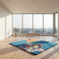 Modern room with large windows, wooden floor, and a colorful rug with cartoon characters.