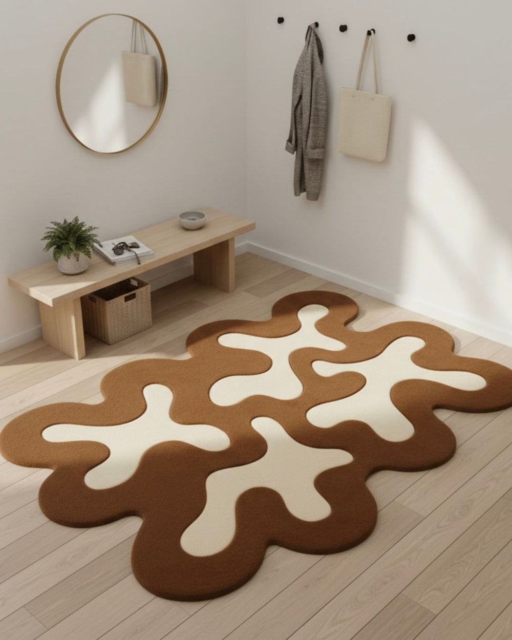 Modern interior with a wavy patterned rug on wooden floor, bench, and mirror.