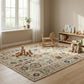 Children's room with a patterned rug, toys, and a rocking horse.