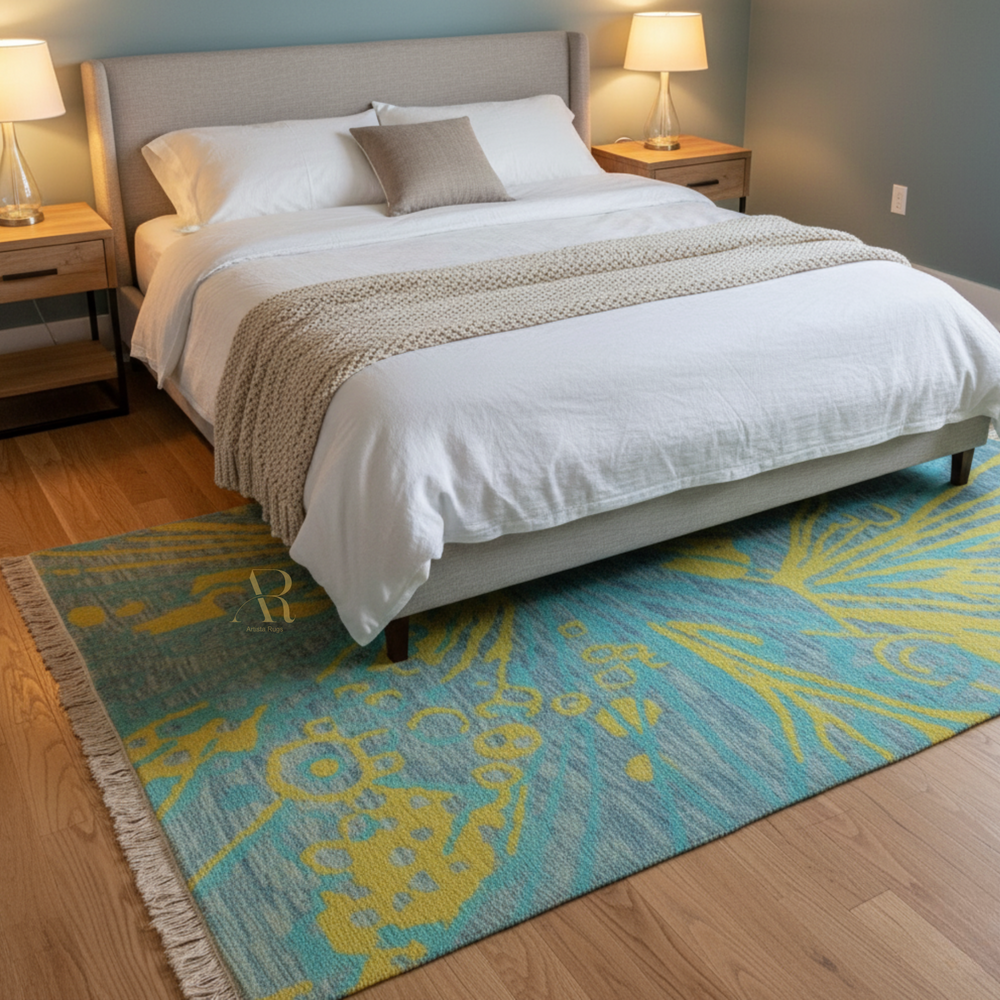 Bedroom with a blue and yellow patterned rug in front of a bed.