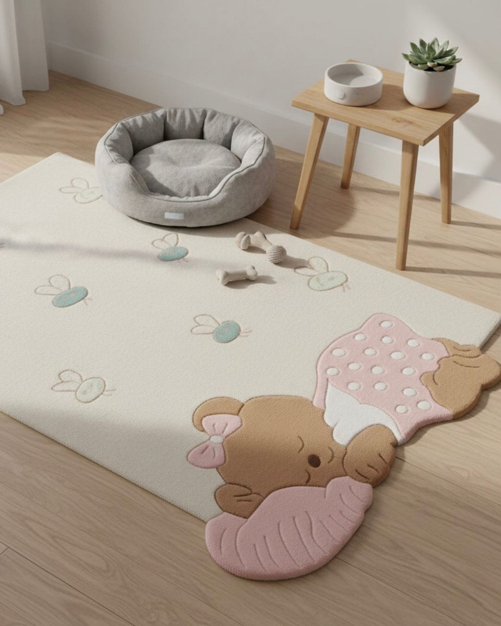 Children's room with a teddy bear rug, small table, and pet bed.